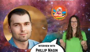 An image of Phillip Magin, a white man, floating in a bubble in space next to Catherine, a white woman, with a speech bubble announcing his name and the title of his show, "Turn Me On, Dead Man." The San Diego Fringe logo also floats in space.