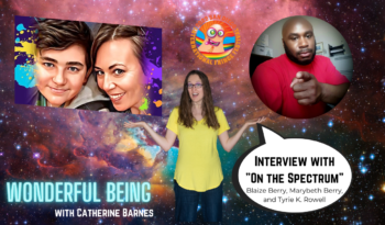 Image of Blaize Berry, Marybeth Berry, and Tyrie K. Rowell floating in space with a Catherine cutout and a speech blurb. The blurb contains the title of their show, "On the Spectrum"
