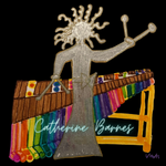 Catherine Barnes' logo: A silver cartoon woman plays a rainbow marimba