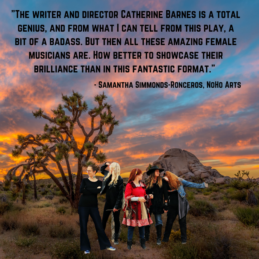 Five women looking lost in the Joshua Tree desert with a positive quote from Samantha Simmonds-Ronceros' NoHo Arts Review