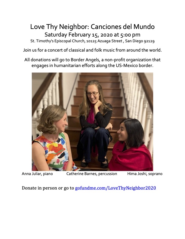 Flier for our concert. Text at the top gives performance details. Image shows Anna Juliar, Catherine Barnes, and Hima Joshi sitting stairs and conversing.