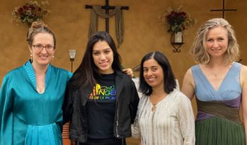 Photo of Catherine Barnes, Marian Ruiz of Border Angels, Hima Joshi, and Anna Juliar at St Timothy's Episcopal Church.