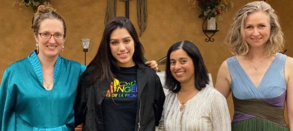 Photo of Catherine Barnes, Marian Ruiz of Border Angels, Hima Joshi, and Anna Juliar at St Timothy's Episcopal Church.