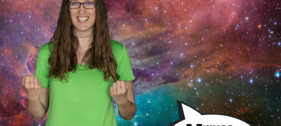 Image of Catherine, an awkward white lady with glasses, floating in space in front of a multicolor galaxy. There is a white speech bubble with black lettering that reads "3 Things I Learned in 2022." Blue text at the top reads "Wonderful Being with Catherine Barnes."