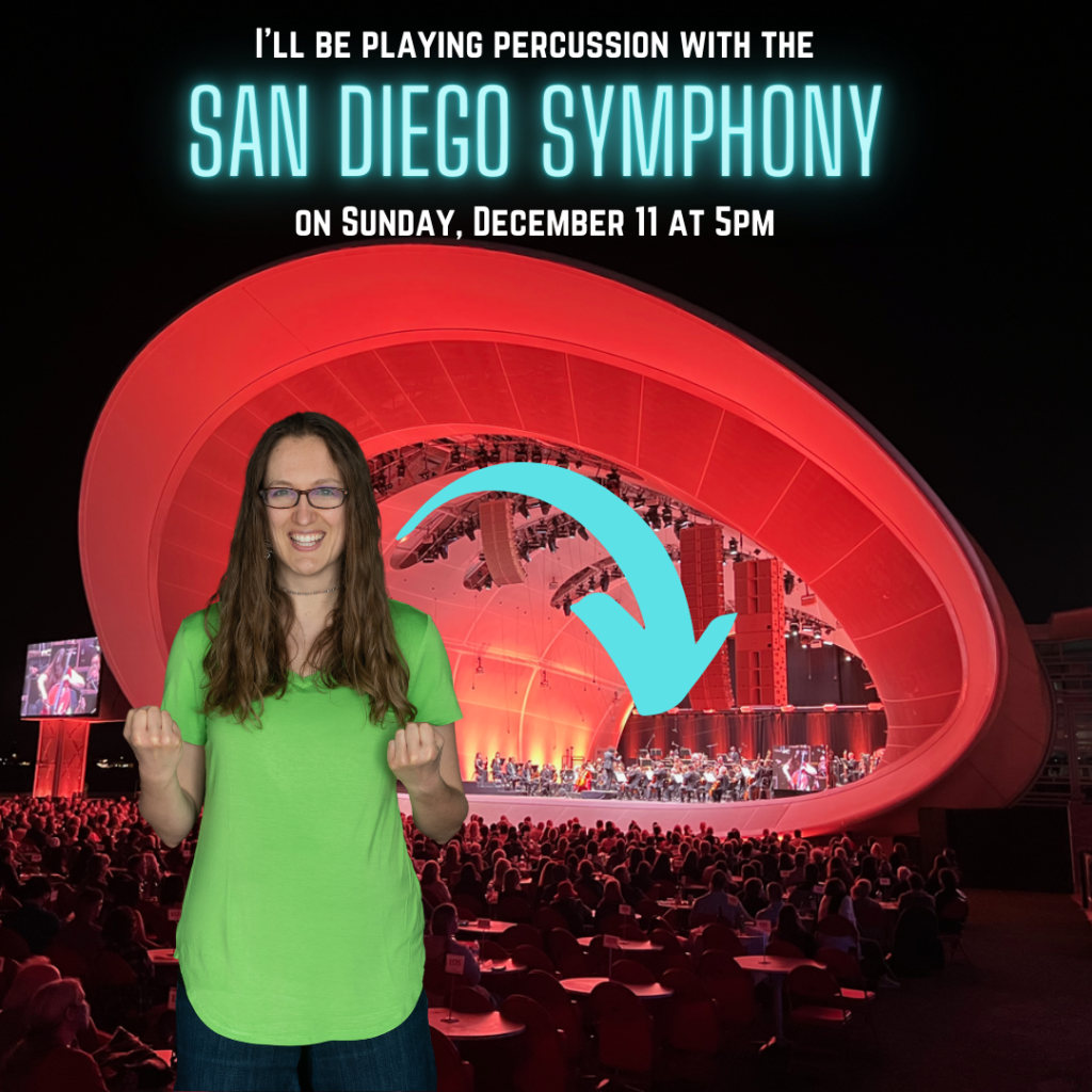 Catherine Barnes, an awkward white lady with glasses, stands in front of the Rady Shell concert venue, which is lit up in red. A symphony orchestra plays on the stage. A blue arrow extends from Catherine to the stage. Text reads, "I'm playing with the San Diego Symphony on Sunday, December 11 at 5pm."
